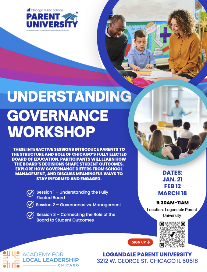 Promotional flyer for a governance workshop by Chicago Public Schools' Parent University, featuring details about the sessions, dates, and location at Logandale Parent University.